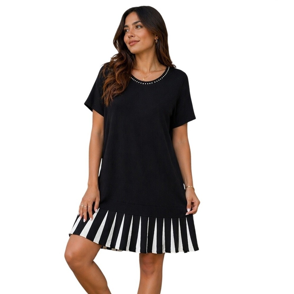 Nina Leonard 13Y NWT Black Pearl Neck Striped Pleated Hem Knit Dress Women's 1X